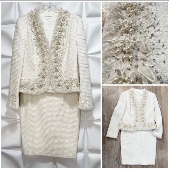 Escada 40 38 Sz 10 8 Ivory Off White Tweed Lace Wedding Jacket Skirt Suit Set - Picture 1 of 16